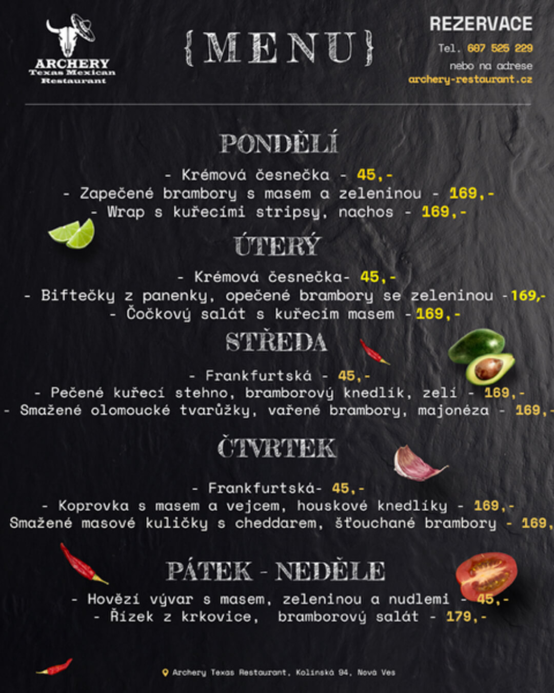 Aktuální týdenní nabídka Archery restaurant